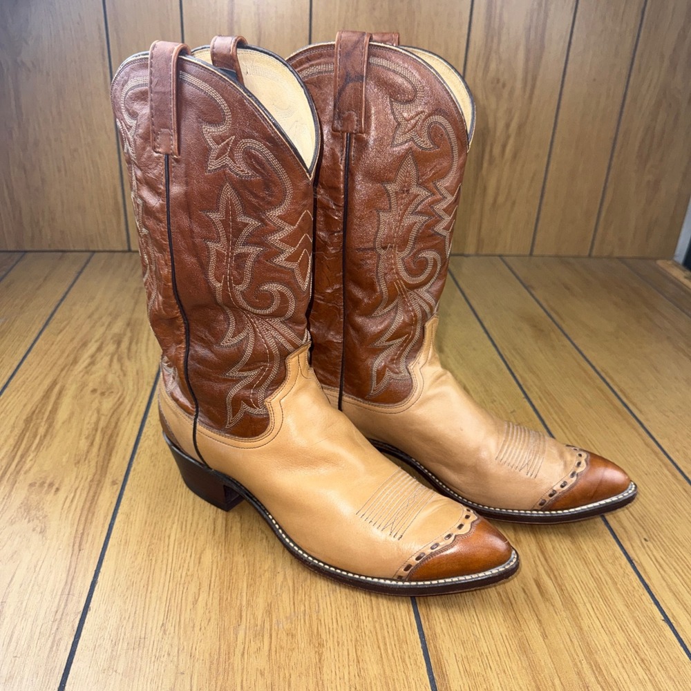 Dan Post Mens Two Tone Leather Western Cowboy Boots 16741 Tan Cognac 11.5 D USA